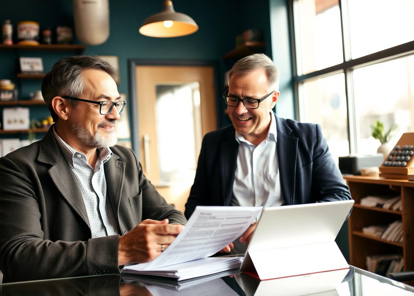 A local business owner reviewing paperwork with a community advisor