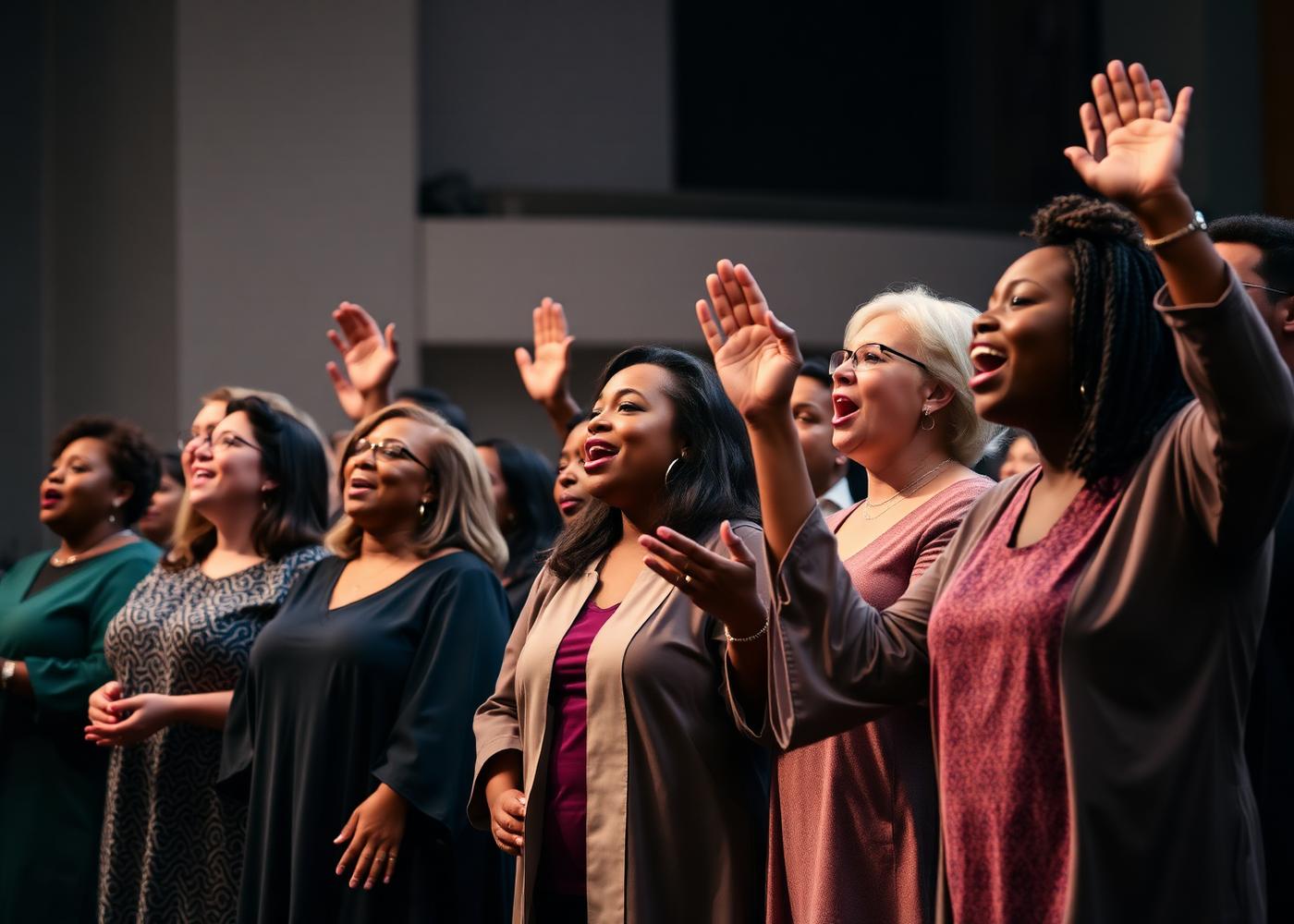 A diverse community choir singing together on stage