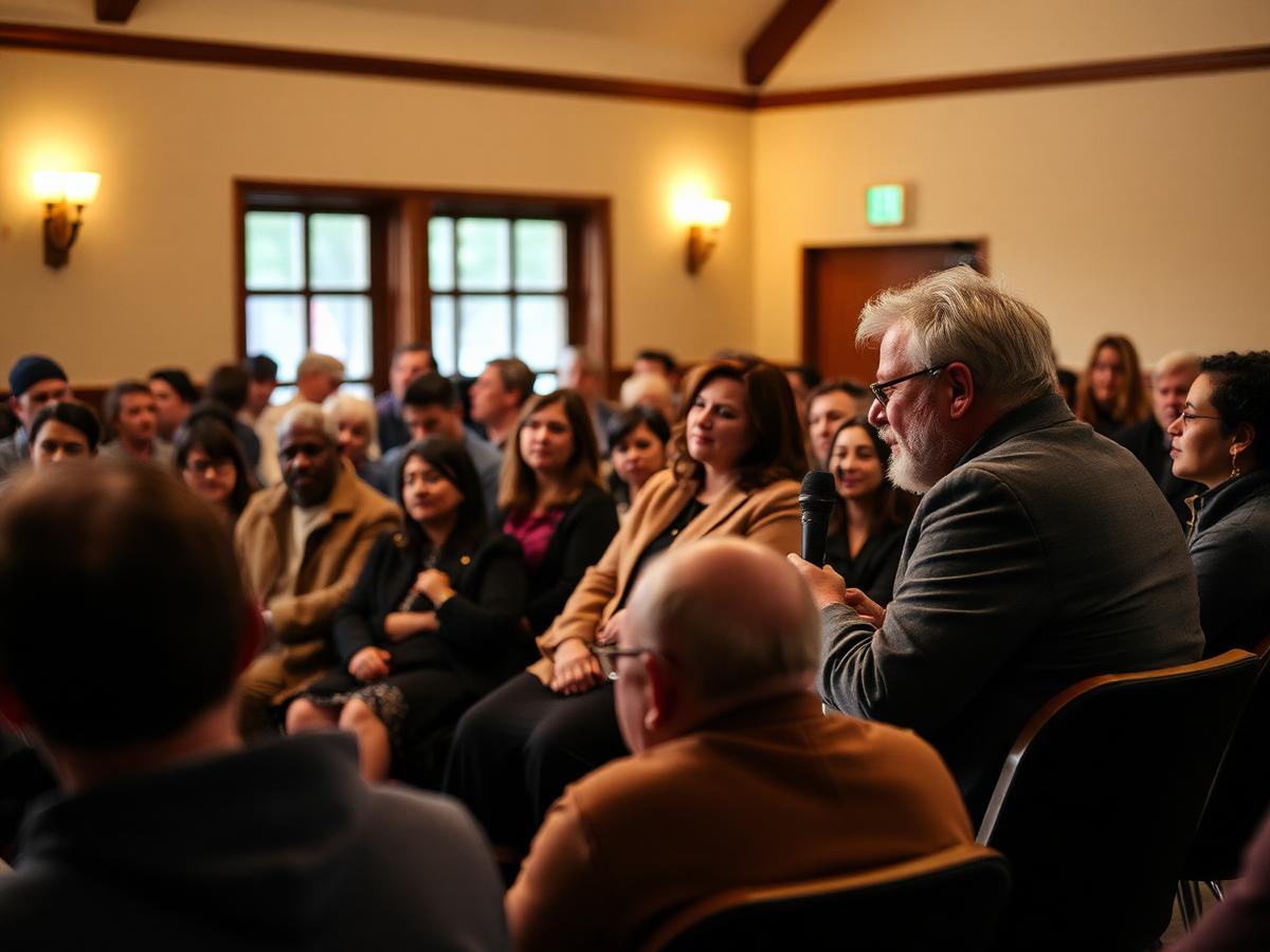 Community leaders speaking with an engaged audience in a local hall