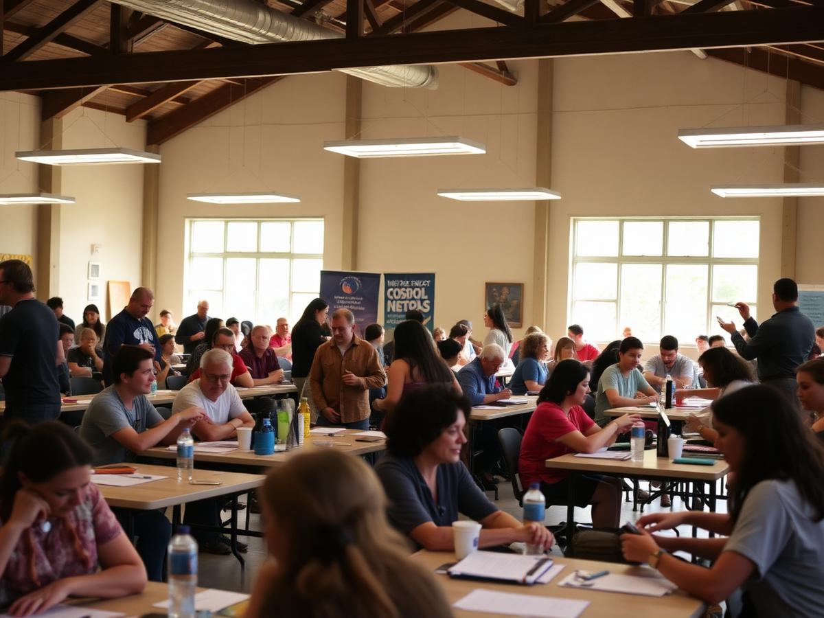 A busy Saturday community workshop with mentors and attendees at tables