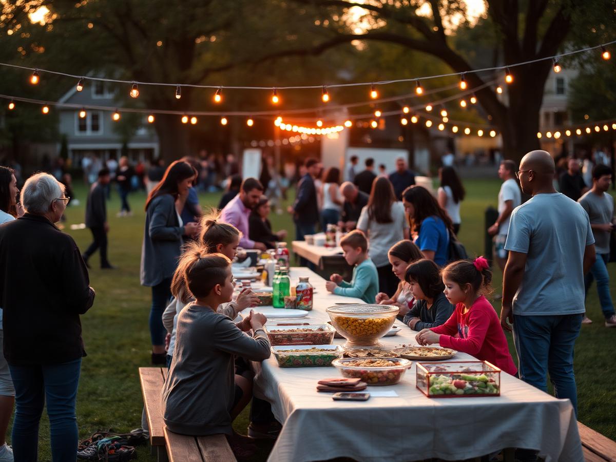 Families gathered around long tables at an outdoor evening community event