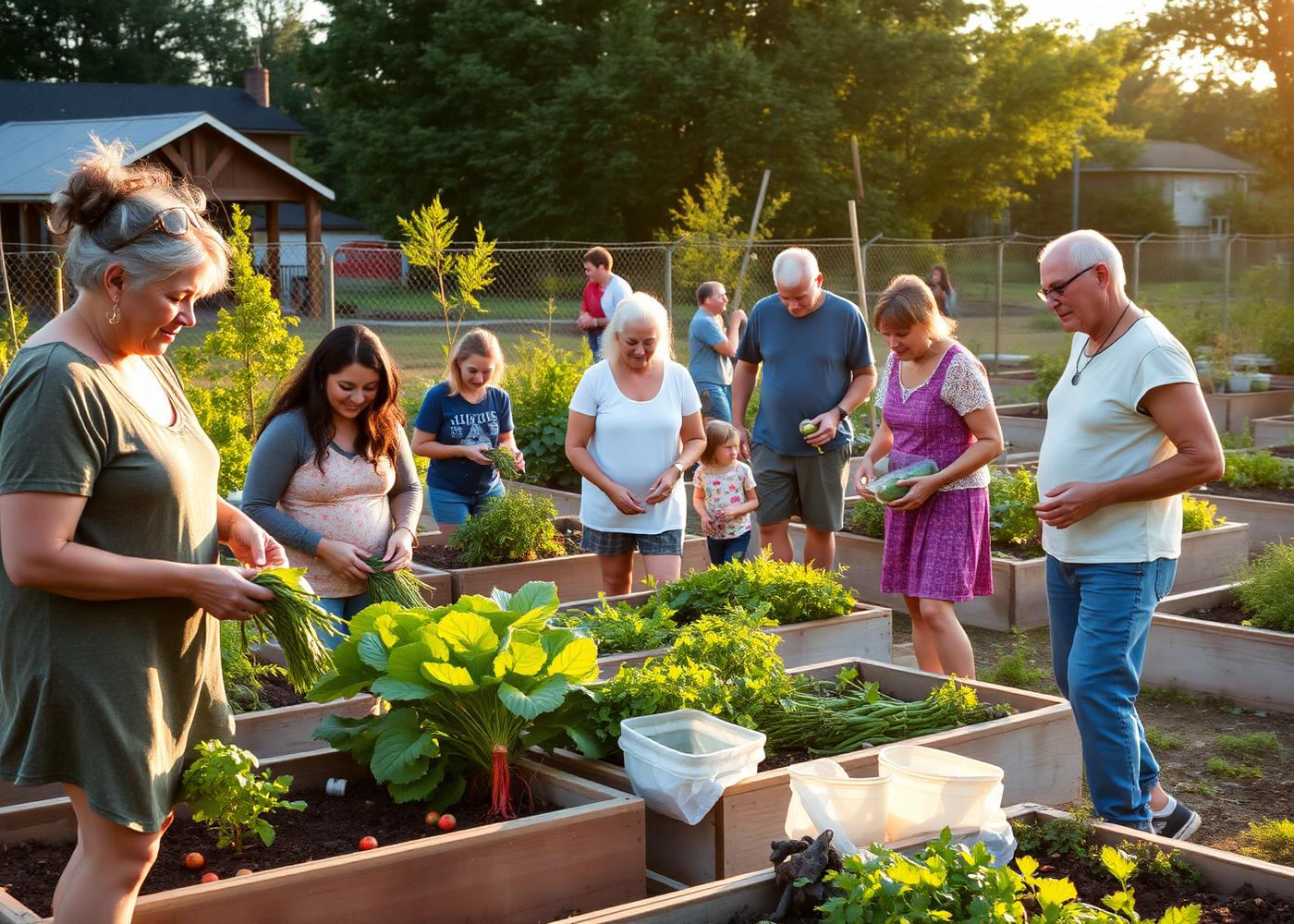Neighbors of all ages harvesting vegetables in a community garden