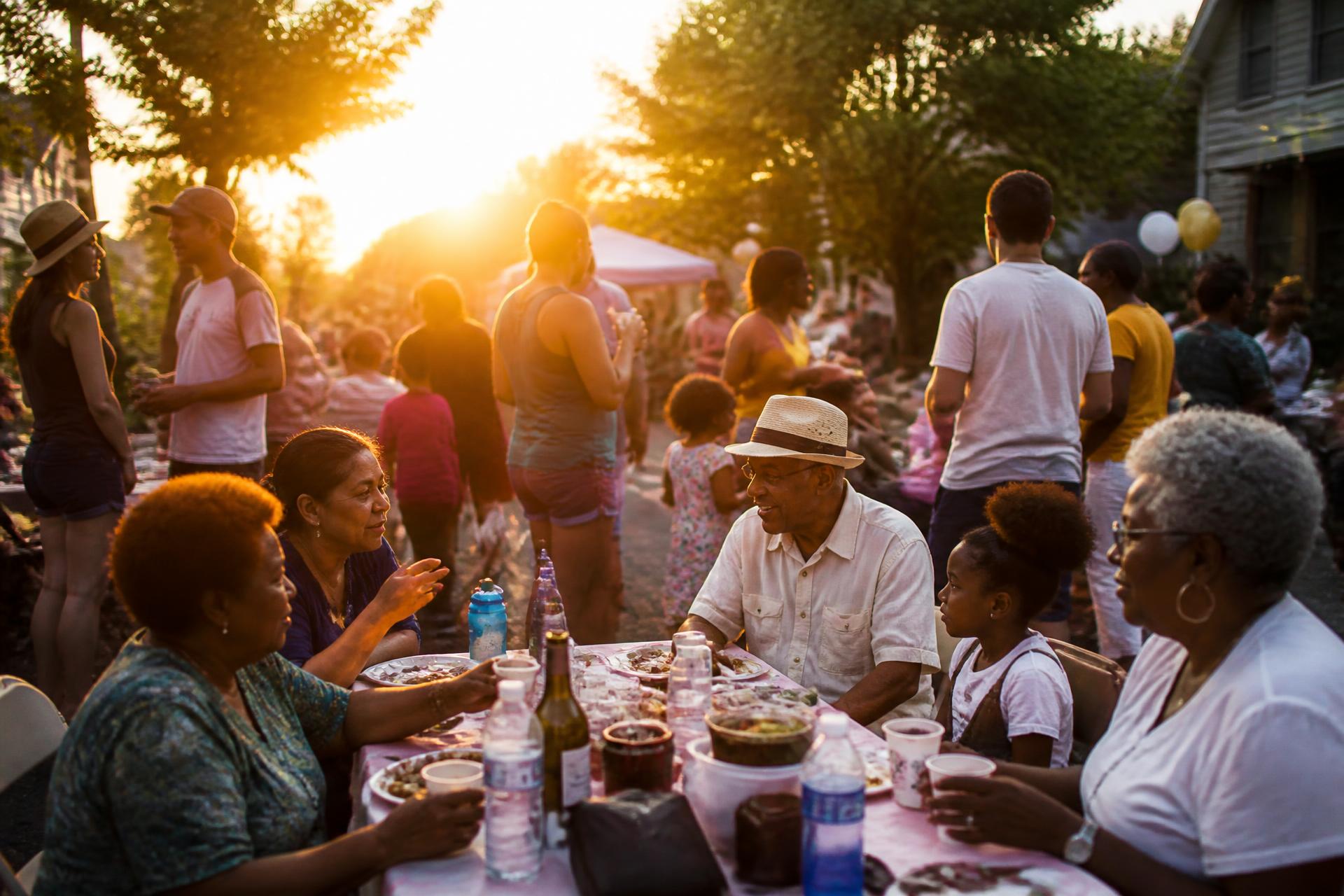 Neighbors of all ages sharing a meal together at an outdoor community gathering