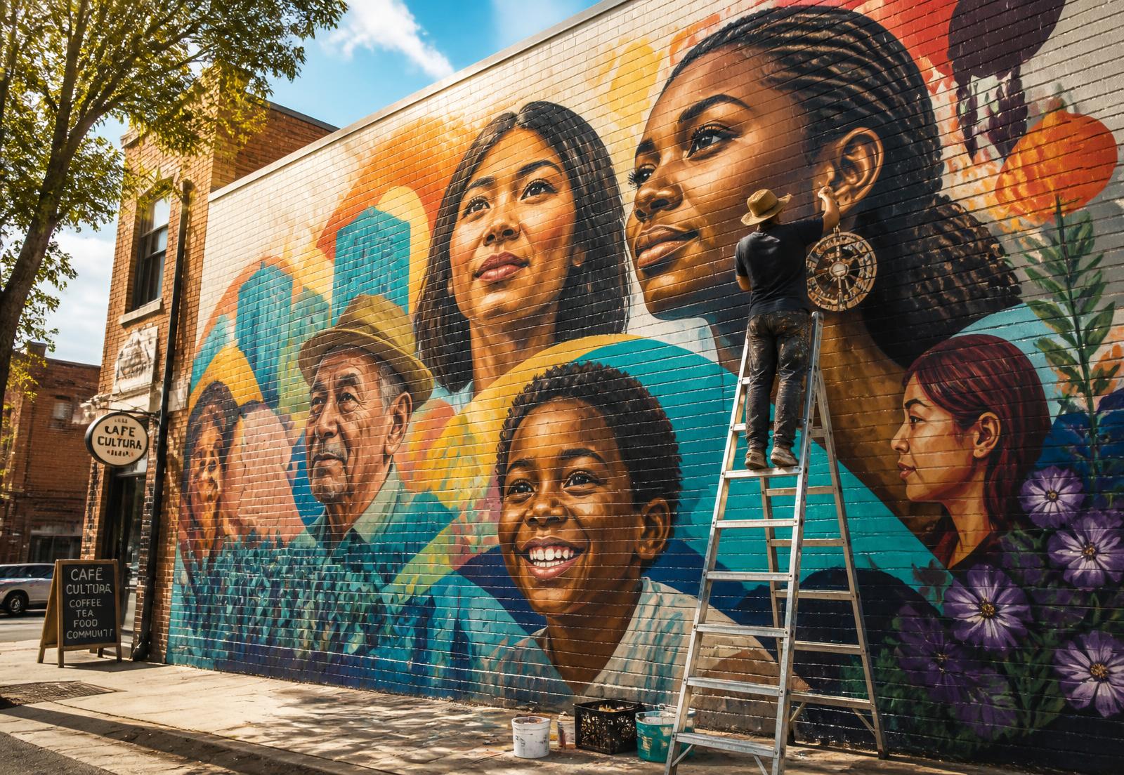 A large colorful community mural of diverse faces being painted on a city wall