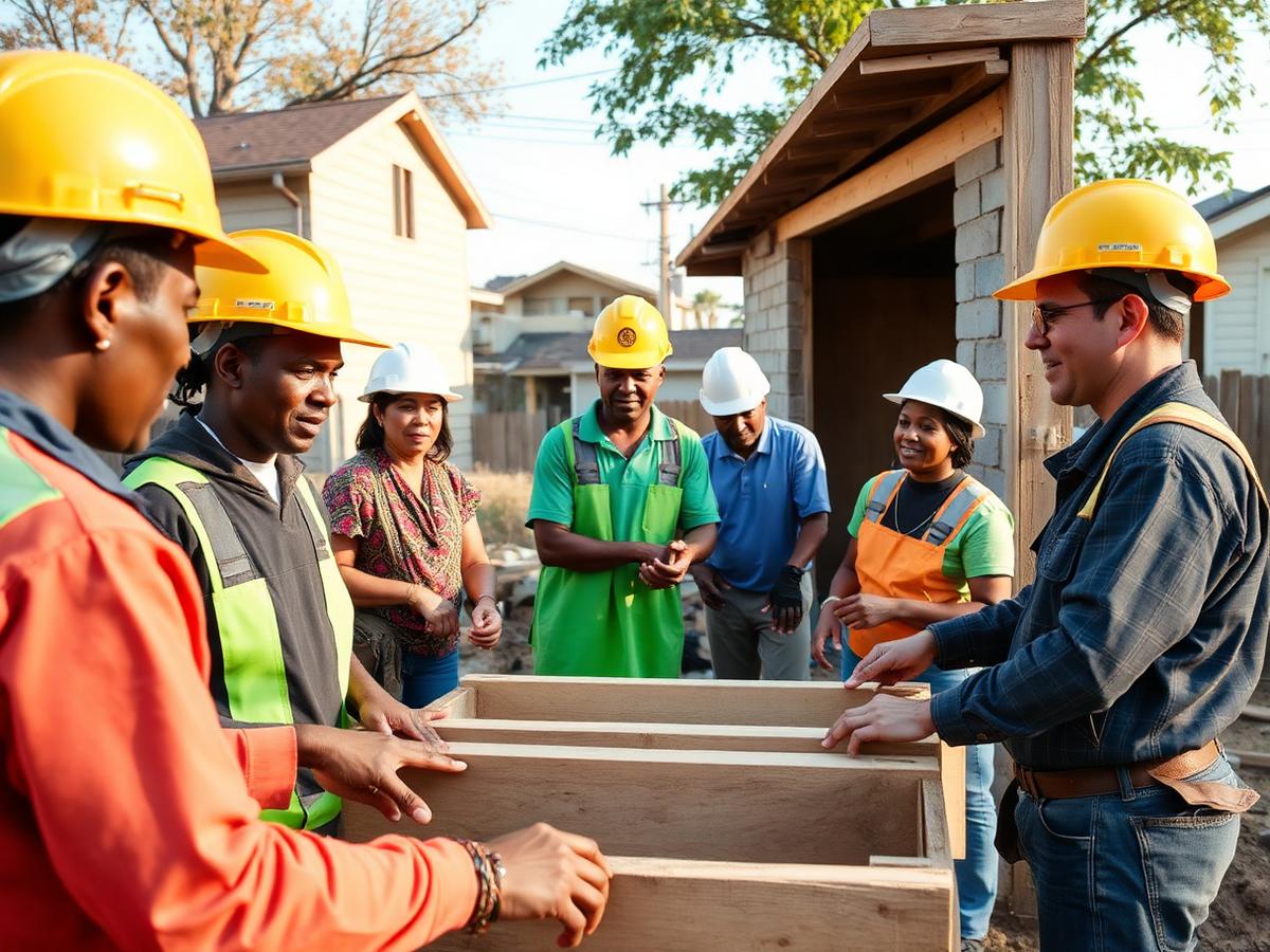 Community members working together on a neighborhood building project