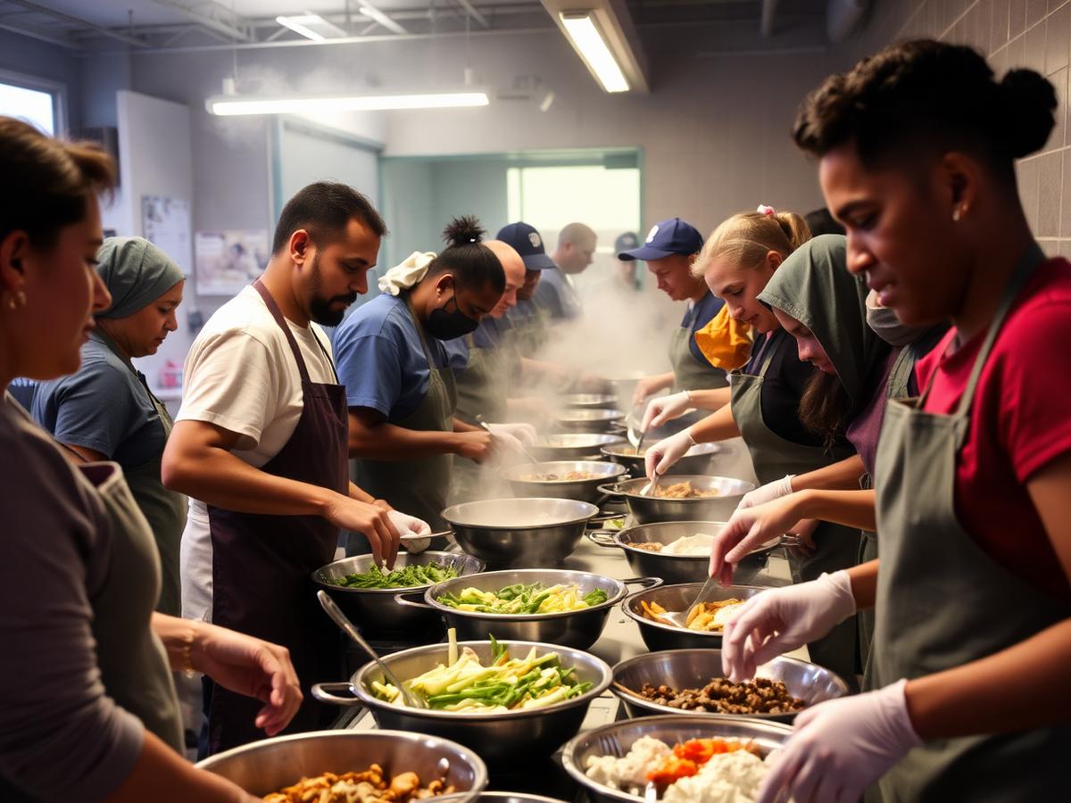 Volunteers preparing and serving food together in a community kitchen