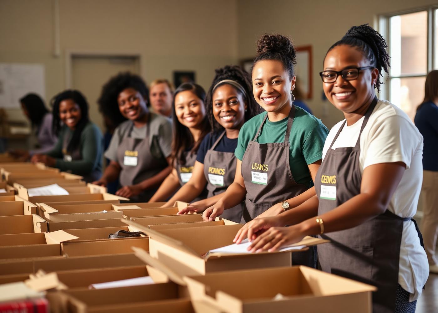 Smiling volunteers organizing donation boxes together at a community center